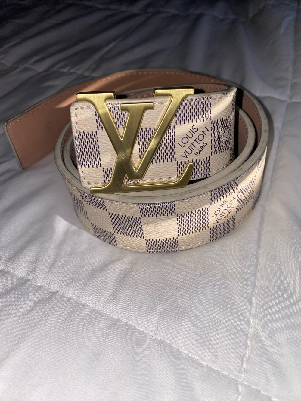 Louis Vuitton Cream Damier Azur LV Initiales Gold Buckle Belt